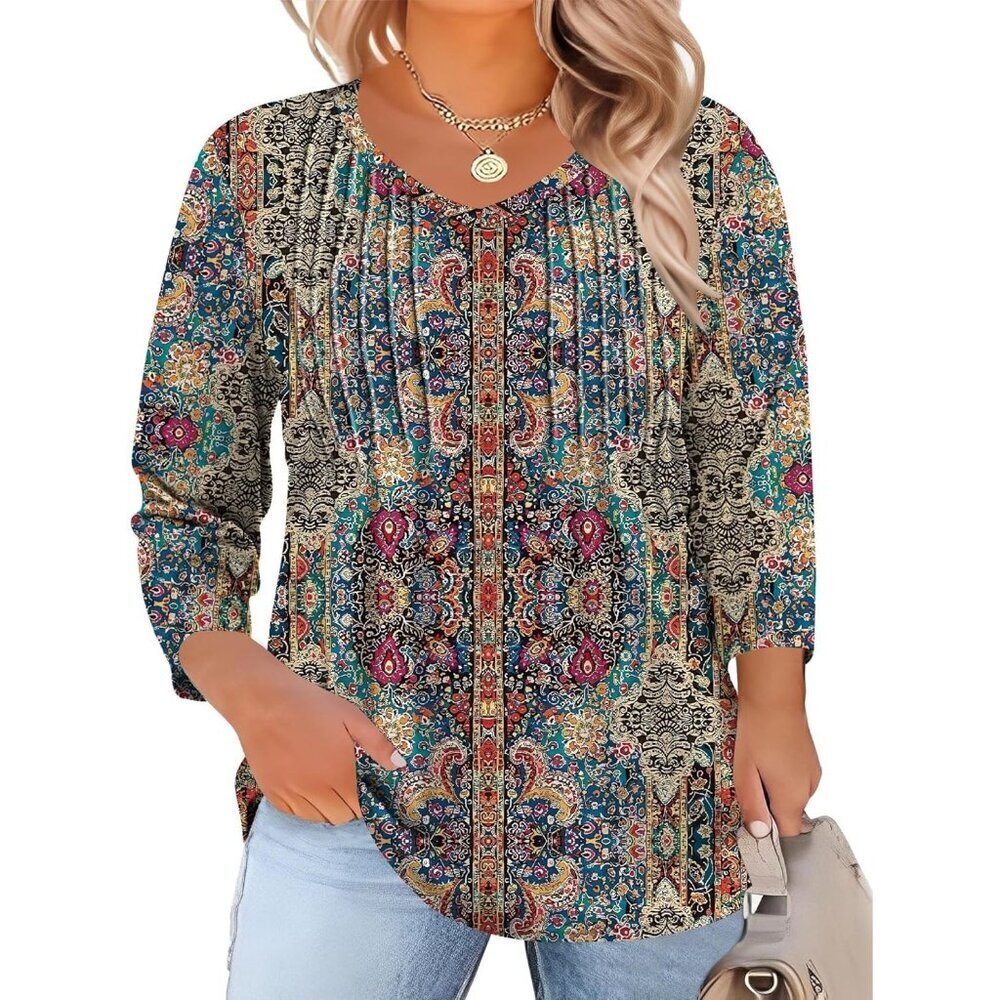 Plus Size Blouses Women's 3/4 Sleeve V-Neck Pleated Tunic Casual Dressy